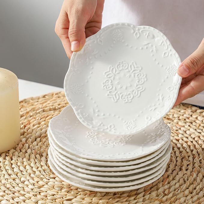 Neaylfe 8-Piece Embossed Ceramic Appetizer & Dessert Plates, 6 Inch White Mini Dinner Plates Set, Lightweight Small Ceramic Plates for Dessert, Cake, Snack, Waffles