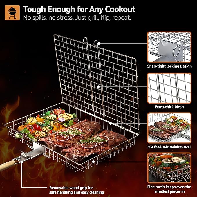 Sorbus Grill Basket - Stainless Steel Large Folding Barbecue Grilling Basket with Handle, Portable BBQ Accessories for Fish, Shrimp, Vegetables, Grilling Accessories, Gifts for Outdoor Cooking Camping (2 Pack)