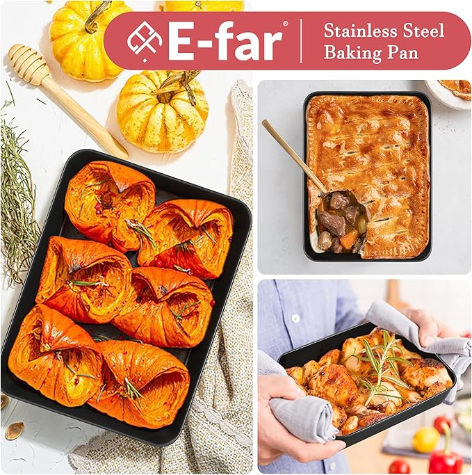 E-far Small Toaster Oven Baking Pan, 9.4 x 7 Inch Nonstick Stainless Steel Rectangle Cake Pan for Baking Brownies Casseroles Lasagna, Stainless Steel Core & Nonstick Coating, Non-toxic & Oven Safe
