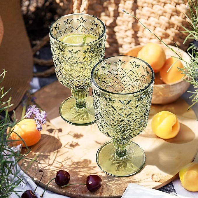 Joeyan Green Vintage Wine Glasses,Water Goblet Glasses,Stemmed Drinking Glasses with Embossed Pattern,Colored Glassware for Wedding Party Banquet Feast,10 oz,Set of 4,Dishwasher Safe