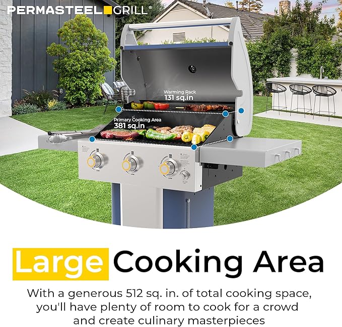 Permasteel 3-Burner Propane Gas Grill, 30,000 BTUs BBQ Grill with Cast Iron Grates, Foldable Side Tables & Tool Hooks, Outdoor Grill, Azure