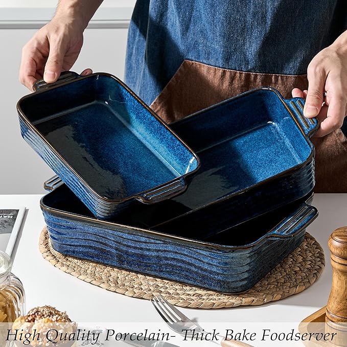 Kiln-Transformed Blue Ceramic Baking Dish Set of 3, Casserole Dishes for Oven, Square Porcelain Bakeware Set with Handles, Lasagna Baking Pan for Cooking, Perfect for Baking and Serving, Housewarming, Halloween, Thanksgiving, Christmas, New Year