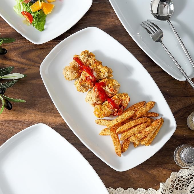 fMBB White Rectangular Plate Set, Ceramic Large Serving Platters, 12 Inch Dessert Trays for Party, Entertaining, Food, Appetizers, Dishwasher and Oven Safe Salad Dishes Set of 4
