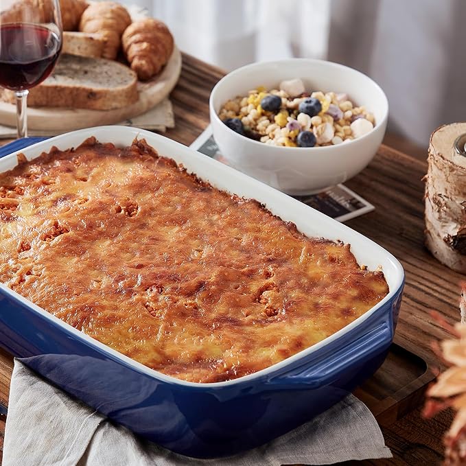 Lareina Large Ceramic Casserole Dish with Lid, 4.0 Quart Covered Rectangular Stoneware Baking Dishes for Oven, Deep 9x13 Inch Lasagna Pans for Baking and Serving, Perfect for Christmas Gifts, Blue