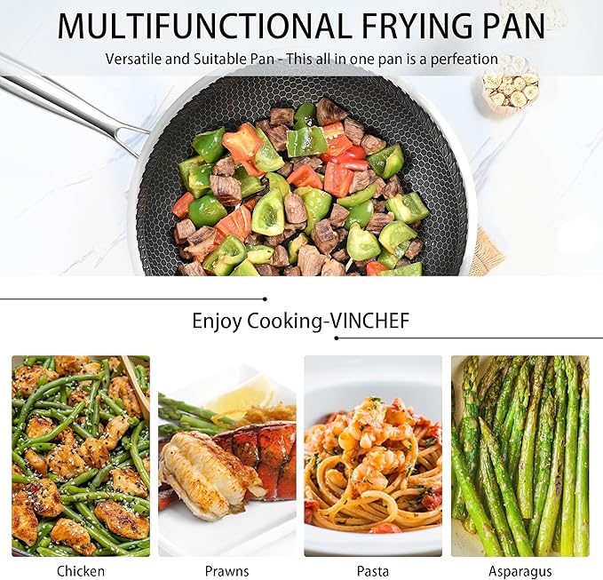 Vinchef Stainless Steel Wok Pan with Glass Lid 12 Inch, Honeycomb Nonstick Stir Frying Pan Induction Compatible and Dish Washer Safe