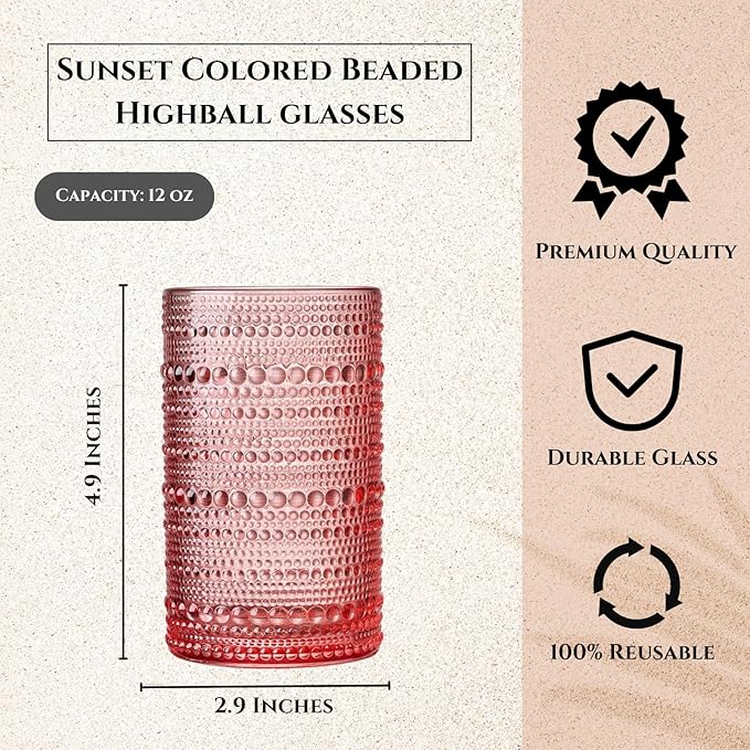 Hobnail Beaded Highball Drinking Tumbler Glasses | Set of 5 | Color, Vintage Bubble Design Whiskey Glassware, Old-Fashioned, Embossed Design, Water, Wine, Cocktail Embossed Heavy Glass, Rocks Glass