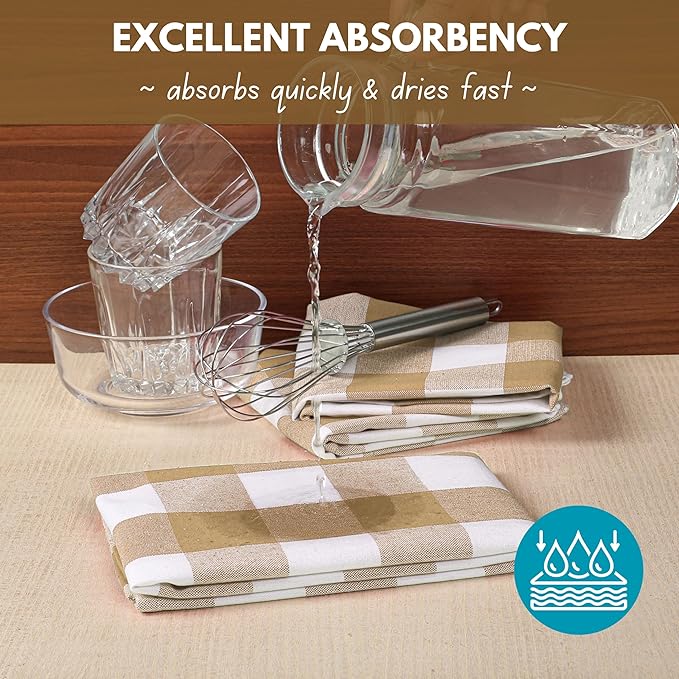 Native Fab 4 Pack Buffalo Check Kitchen Towel 16"x26" - Cotton Dish Towels Washable - Absorbent Tea Towels, Soft Hand Towel with Hanging Loop, Dish Cloth Set - Beige White