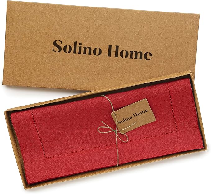 Solino Home Linen Red Table Runner 36 Inches - Classic Hemstitch, 100% Pure Linen Coffee Table Runner 14 x 36 Inch Ideal for Dresser Tables - Summer