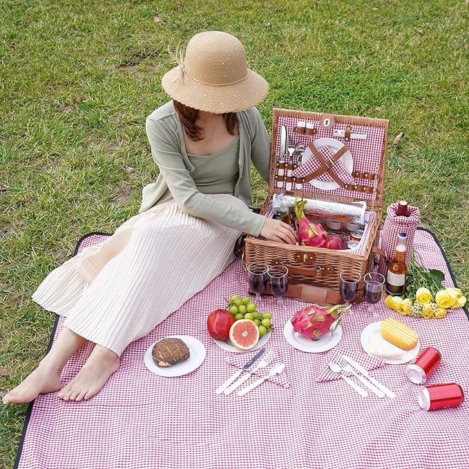 Picnic Basket for 4, Insulated Willow Picnic Baskets with Shoulder Strap, Picnic Hamper with Waterproof Picnic Blanket, Handmade Wicker Hamper for Outdoor, Great Gifts for Thanksgiving, Christmas