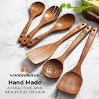 Wooden Spoons for Cooking – Wooden Kitchen Utensils Set, 6 Pcs Teak Wood Utensil Set – Comfortable Grip Non–Stick Wooden Cooking Utensils - Kitchen Gifts for Women Men, Cooking Gifts for Men Women