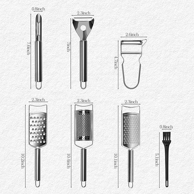 Cheese Grater Set, 7-Piece Zester Grater Peeler Set Stainless Steel Kitchen Utensil Set for Bar Restaurant Home Ginger Lemon Fruit Chocolate Vegetables Apple Gift for Christmas Birthday Housewarming