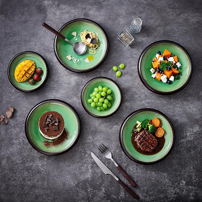 Ceramic Dinner Plates Set of 4, 8 Inch Large Porcelain Pasta and Salad Plates, Stoneware Plate Set for 4, Handmade Round Dishes for Home Decor, Microwave,Oven,and Dishwasher Safe, Green