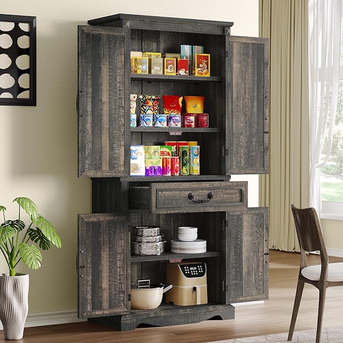 DWVO 71" Tall Kitchen Pantry Cabinet, Farmhouse Freestanding Storage Cabinet with Doors, Drawer and Adjustable Shelves for Kitchen, Living Room, Dining Room, Rustic Dark Oak