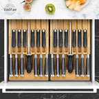 VaeFae Bamboo Knife Drawer Organizer, Knife Drawer Organizer Insert, Kitchen Drawer Knife Block for 12 Knives and a PLUS Slot for your Knife Sharpener (Without Knives)