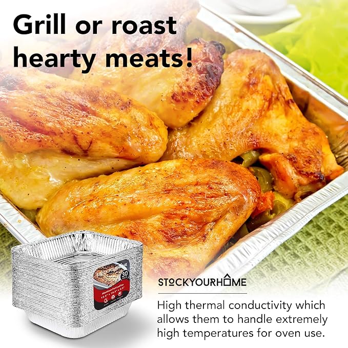 Stock Your Home Aluminum Pans 9x13 Disposable Foil Pans (30 Pack) - Half Size Steam Table Deep Pans - Tin Foil Pans Great for Cooking, Heating, Storing, Prepping Food