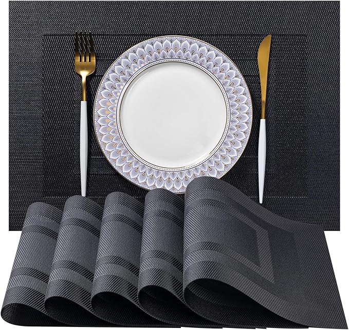 LEXMORE Placemats Set of 8 Vinyl/Plastic Woven Place Mats for Kitchen Table Indoor/Outdoor Washable Placemat Wipeable Dining Table Mats(Black Cube)