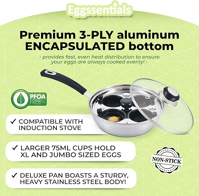 Egg Poacher - Eggssentials Poached Egg Maker, Stainless Steel Egg Poaching Pan, Poached Eggs Cooker Food Grade Safe PFOA Free with Spatula.