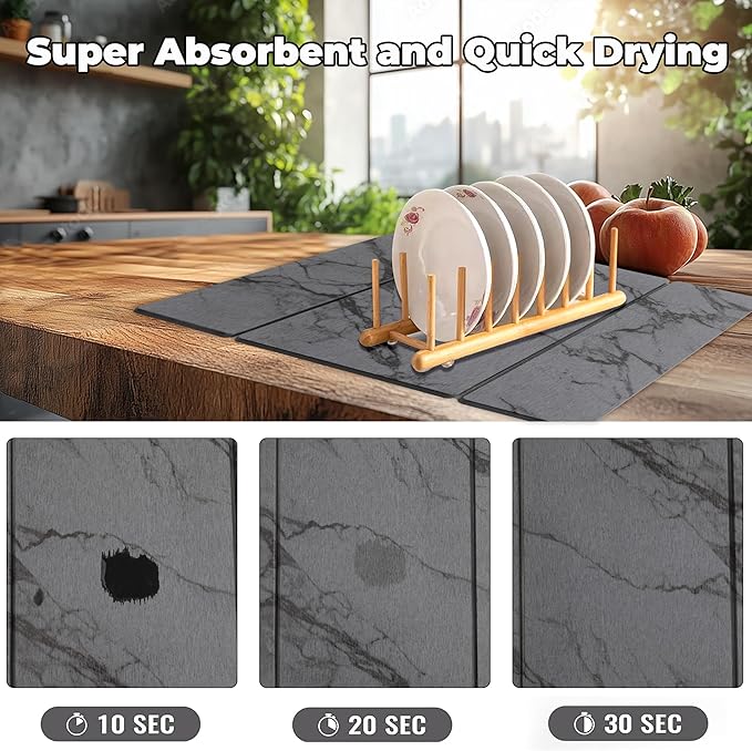 Quick Dry Collapsible Dish Drying Mat, Eco-Friendly Absorbent Diatomaceous Earth Mats for Dishes Bottles Cups 20"×16"Large Stone Dish Drying Mats for Kitchen Counter (Gray, 20"（L）×16"（W）)