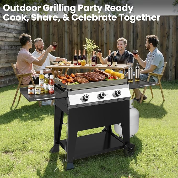 3-Burner Propane Gas Griddle, 36,000 BTU Outdoor Flat Top Propane Grill with 420 Sq In Cooking Area, Rolling Wheels & Folding Side Shelves for Camping, Tailgating & Backyard BBQ, Black