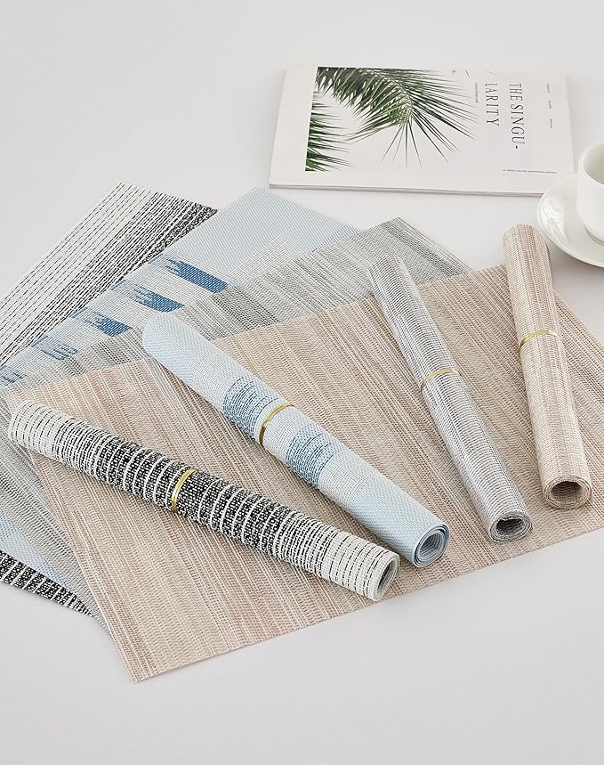 Leetaltree Geometric Print Blue Placemats Set of 8 - Heat Resistant Non-Slip Place mats for Dining Table, Washable Durable PVC Vinyl Woven Table Mats (Geometric Blue, 8)