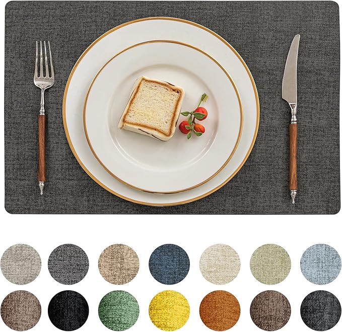 Romanstile Vinyl Placemats Set of 4-12 X 18 Inch - Heat Resistant Place Mats 100% Waterproof Oilproof Wipeable Reversible Faux Leather Table Mats for Kitchen/Dining/Party/Outdoor, Charcoal