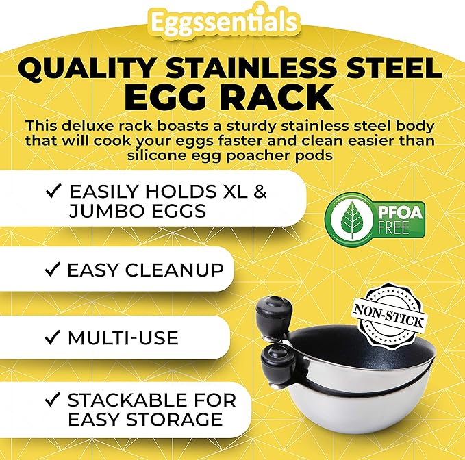 Eggssentials Egg Poacher Insert Stainless Steel Poached Egg Cooker Eggs Poaching Cup PFOA Free Egg Poachers Nonstick, 6.25" Rack Compatible with Skillet Instant Pot Pressure Cooker, 2 Poached Cups