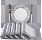 LEXMORE Placemats Set of 6 Vinyl/Plastic Woven Place Mats for Kitchen Table Indoor/Outdoor Washable Placemat Wipeable Dining Table Mats(Silver Cube)