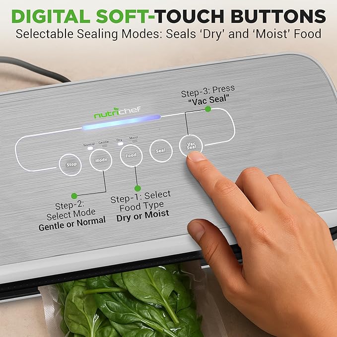 NutriChef Food Vacuum Sealer Machine - Automatic Air Sealing System for Dry & Moist Foods, LED Touch Controls, Includes Vacuum Bags, Hose & Wine Stopper, High Suction Power, 14"x6"x3", Silver