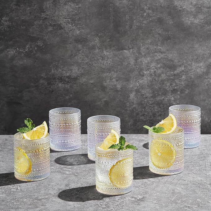 Hobnail Beaded Lowball Drinking Tumbler Glasses | Set of 6 | Clear, Vintage Bubble Design Whiskey Glassware, Old-Fashioned, Embossed Design, Water, Wine, Cocktail Embossed Heavy Glass, Rocks Glass