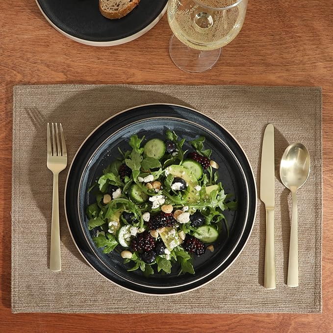 Gibson Elite Liberty Bay 16-Piece Pottery Clay Stoneware Dinnerware Set – Blue Reactive Glaze, Stackable Plates and Bowls W/Pasta Bowl, Service for 4 – Microwave & Dishwasher Safe