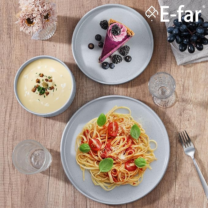 E-far Stoneware Dinnerware Sets, 12-Piece Plates and Bowls Dish Set for 4, Kitchen Modern Dinning Ware, Chip and Scratch Resistant, Microwave & Dishwasher Safe, Speckled Gray