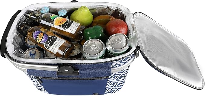 ALLCAMP Insulated Cooler Bag Portable Collapsible Picnic Basket Cooler with Sewn in Frame (Medium Rectangle Blue White)
