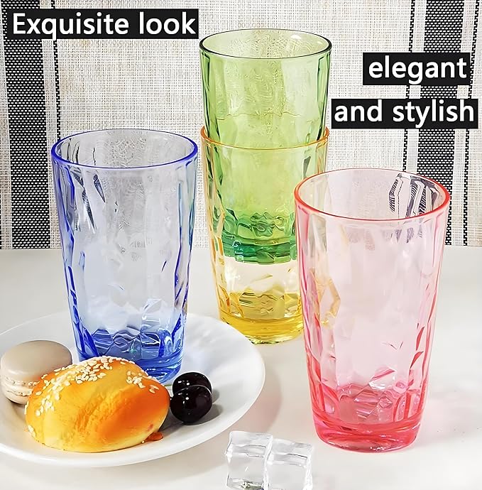 15Oz Unbreakable Tritan Drinking Glasses Shatterproof Acrylic Glasses Drinkware BPA Free Hard Plastic Cups Reusable Kitchen Water Glasses Drinking Set of 8 (4 Colors)