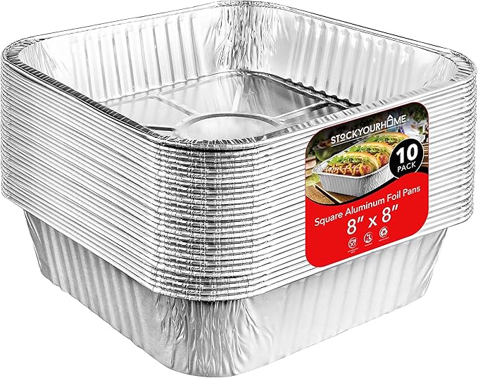 Stock Your Home 8x8 Foil Pans (10 Pack) 8 Inch Square Aluminum Pans - Foil Pans - Disposable Food Containers Great for Baking Cake, Cooking, Heating, Storing, Prepping Food