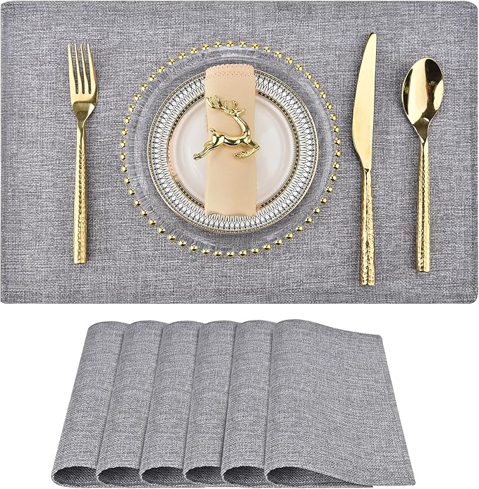 Cloth Placemats Set of 6 - Double Thickened Easy to Clean Linen Style Fabric Placemats - Machine Washable Placemats- Heat Resistant Non-Slip Table Mats - 18x12 Inch (Smoke Gray, 6)