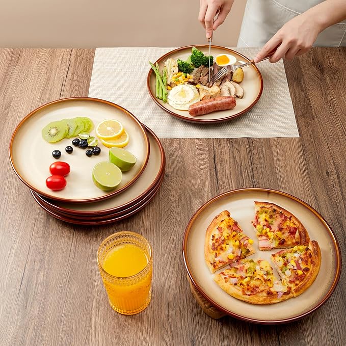 10 Inch Dinner Plates Set of 6, Stoneware Round Salad Dessert Plates, Serving Plates, Microwave & Dishwasher Safe, Brown and Yellow