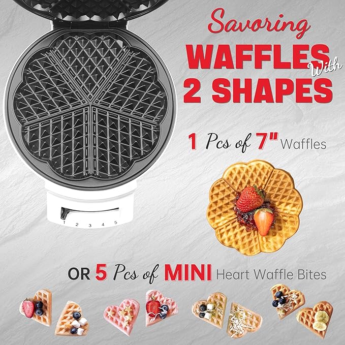 Mini Heart Shaped Waffle Maker, Thin Waffle Maker Iron with Shade Control, Make 7'' Large Waffle or 5 Mini Heart Waffles, Non Stick Cooking Plates with Fast & Even Heating