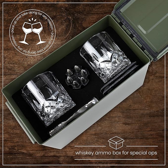 Titan LSO Whiskey Glasses and Stones in Unique Tactical Box Display | Bourbon Cocktail Cups, Coasters and Tongs | Gifts for Men | Glass Set