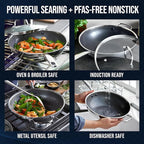 Blue Diamond Hybrid Nonstick Stainless Steel 12” Wok with Lid, PFAS-Free Ceramic Diamond Bond Stir-Fry Pan, Induction Ready, Dishwasher & Oven Safe, Metal Utensil Safe, Stay-Cool Handle, Silver