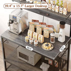 SUPERJARE Bakers Rack with Power Outlets, Microwave Stand, 39.4 X 14.3 Inch Larger Desktop, Kitchen Storage Rack with Adjustable Middle Shelf, 6 S-Shaped Hooks, Coffee Bar Stand, Grey
