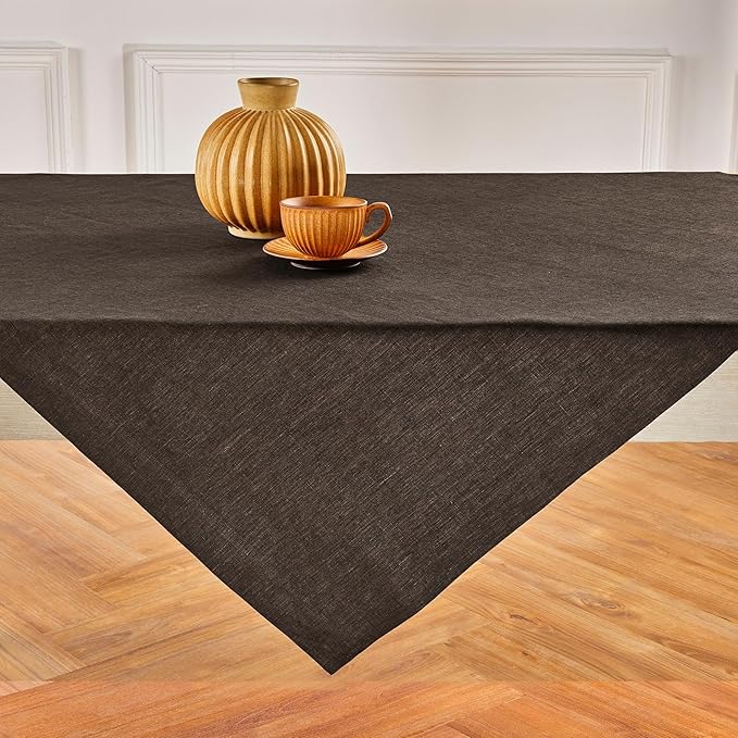 Solino Home Linen Square Tablecloth 52 x 52 Inch - 100% Pure Linen Chambray Brown Table Throw - Athena, Machine Washable Tablecloth for Fall, Autumn