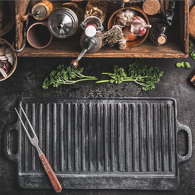 ProSource 2-in-1 Reversible 19.5” x 9” Cast Iron Griddle with Handles, Preseasoned & Non-Stick for Gas Stovetop, Oven and Open Fire.