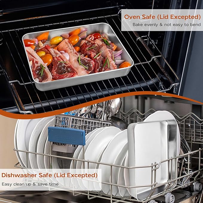 Baking Pan Set, 9¼ x 7⅛ x 2 Inch Small Rectangle Sheet Cake Pan with Lid, Stainless Steel Bakeware for Lasagna Brownie Casseroles