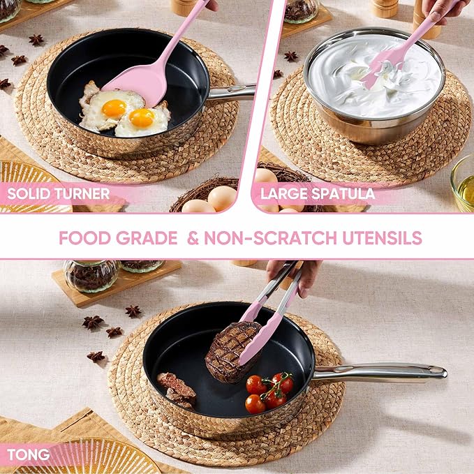 Herogo Silicone Cooking Utensils Set, 7-Piece Kitchen Utensils Set, Heat Resistant Cooking Gadget Tools Slotted Turner, Spoon, Soup Ladle, Pasta Server, Spatula, Tongs for Nonstick Cookware, Pink