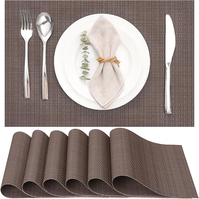 Myir JUN Placemats Set of 6, Vinyl Woven Placemats Place Mats Indoor Washable Table Mats Non-Slip Place mats for Dining Table (Coffee, Set of 6)