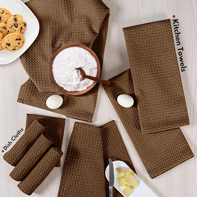 Native Fab Cotton Dish Towel & Dishcloths 8 Piece Set - Soft, Absorbent, Durable, Washable, Fast Drying Towels for Cleaning, Cooking, Baking - Ideal for Home, Kitchen, BBQ & Outdoor Use - Brown