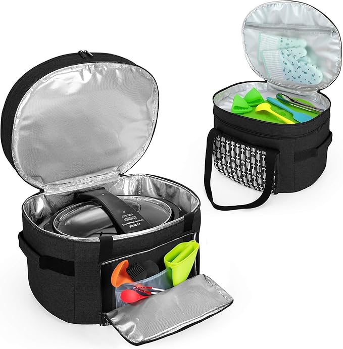 Yarwo 2025 Upgraded Slow Cooker Travel Bag with Bottom Board Compatible with Crock-Pot and Hamilton Beach 6 7 8 Quart, Double Layers Oval Slow Cooker Carrier, Black with Arrow (Bag Only)