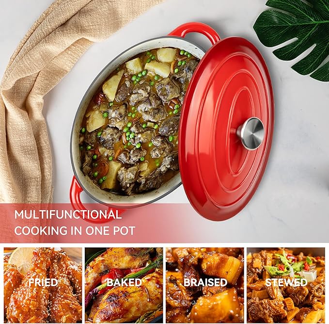 Oval Dutch Oven for Bread Baking, 4.5 Quart Non Stick Enameled Cast Iron Dutch Oven Pot with Lid, Oven Safe Oval Casserole with Lid up to 500°F for Baking, Braising, Stews, Roasting (Red)