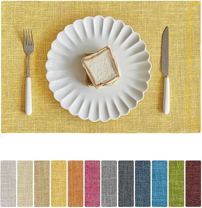 Softalker Faux Linen Placemats Set of 8-12 x 18 Inch, Heat Resistant Double Layered Durable Burlap Farmhouse Place Mats, Non-Slip Washable Rustic Table Mats for Dining, Kitchen, Party（Yellow