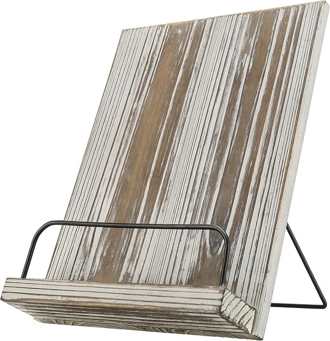 MyGift Torched Wood Cookbook Stand - Recipe Binder Reading Book Display and iPad Tablet Easel with Metal Page Holder and Kickstand